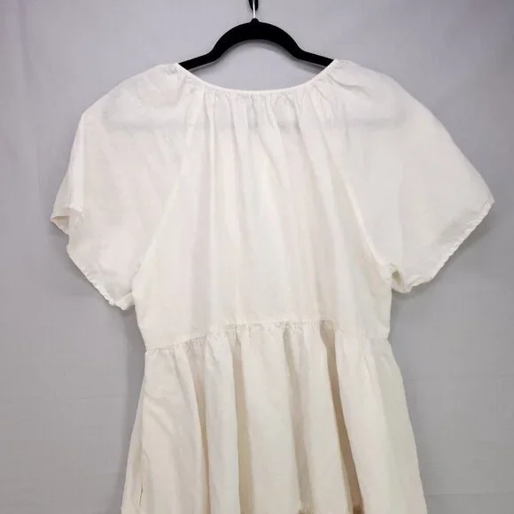 Madewell Tiered Mini Dress Linen Blend Pockets Ivory Size Large Boho Babydoll - Picture 10 of 13